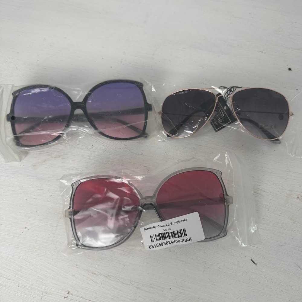 Sunglasses Bundle 3 pack Womens OS Butterfly Aviator Pink Purple NEW